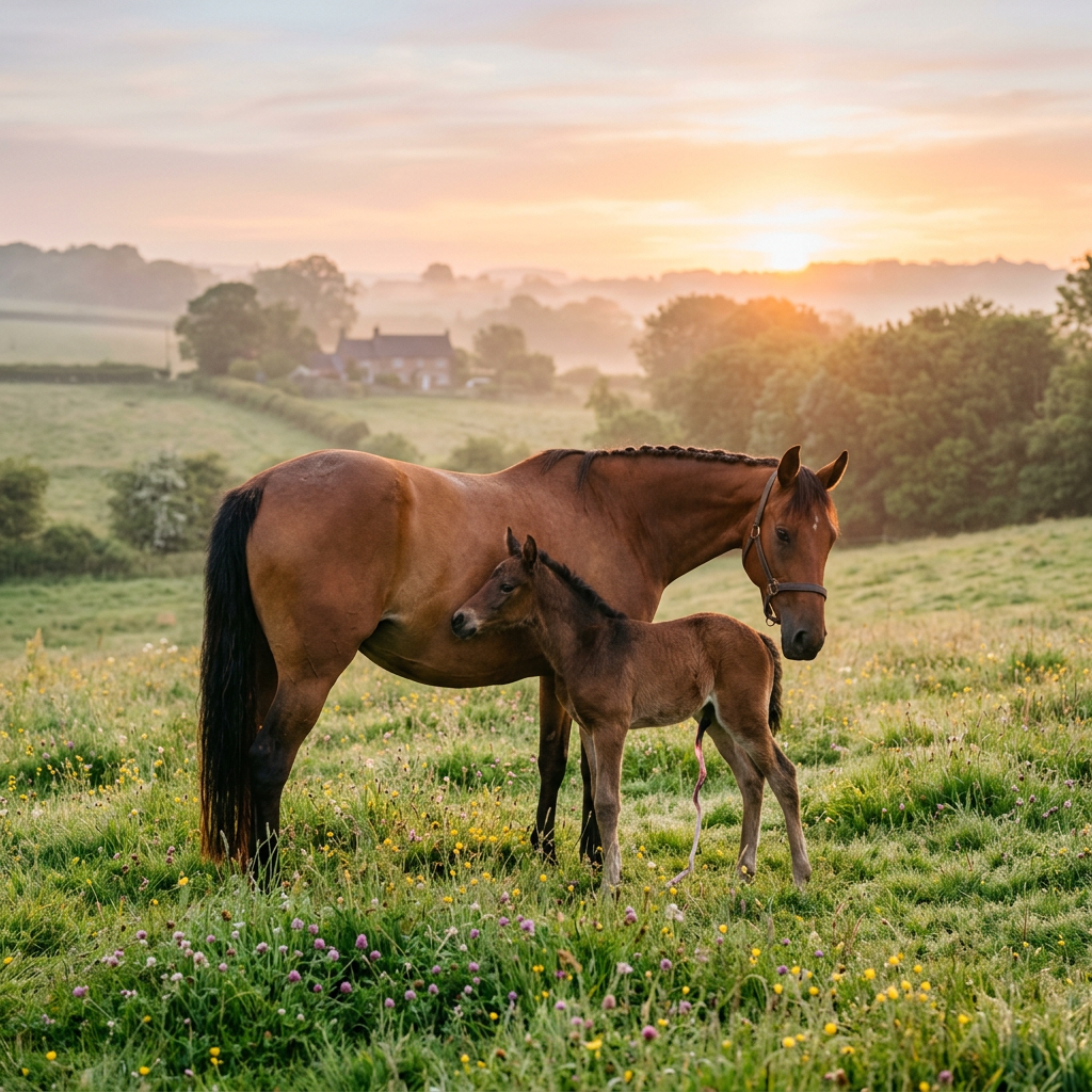 A brown mare with a braided mane and her newborn foal standing in a grassy field with wildflowers at sunrise