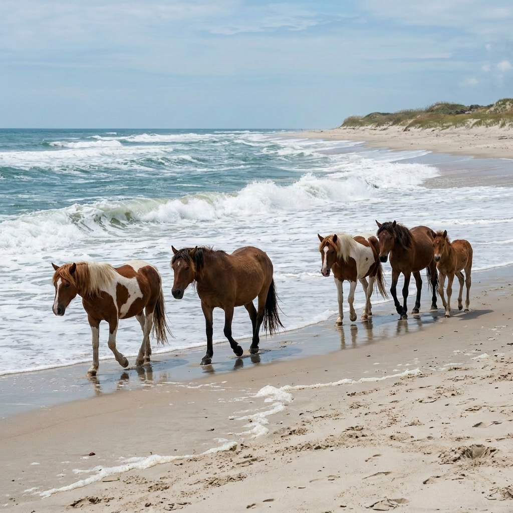 Wild horses walking in a line along the shoreline with waves crashing nearby