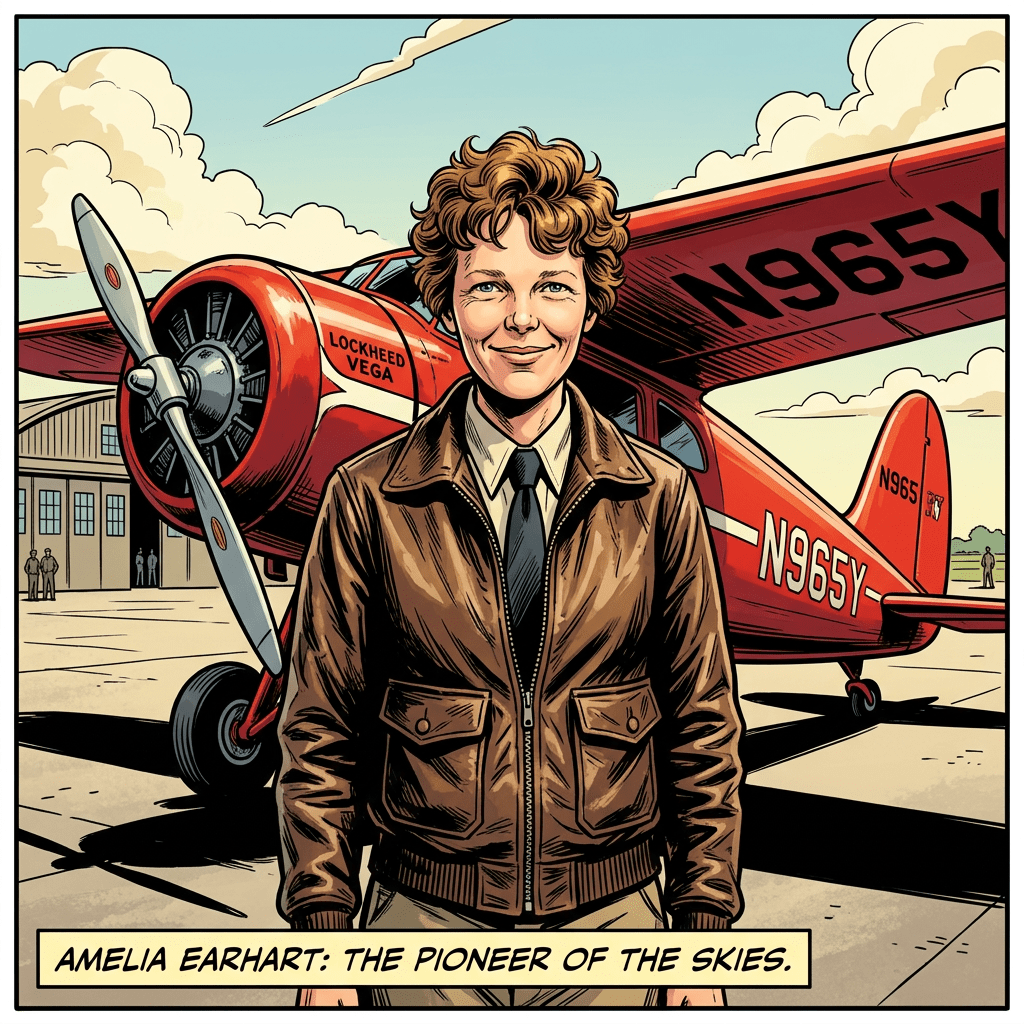 Amelia Earhart standing in front of a red Lockheed Vega airplane with registration N965Y