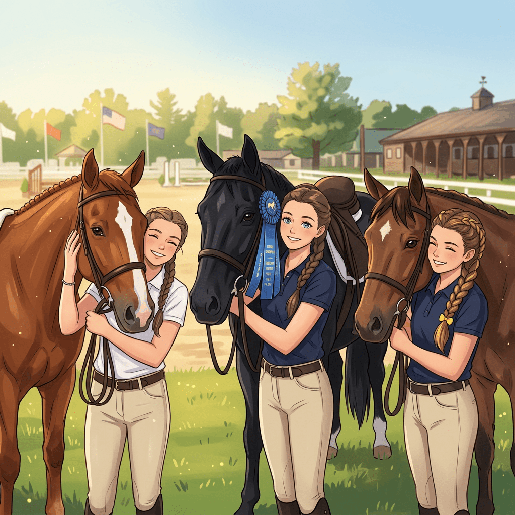 Three girls in riding attire posing happily with horses, one horse wearing a blue ribbon