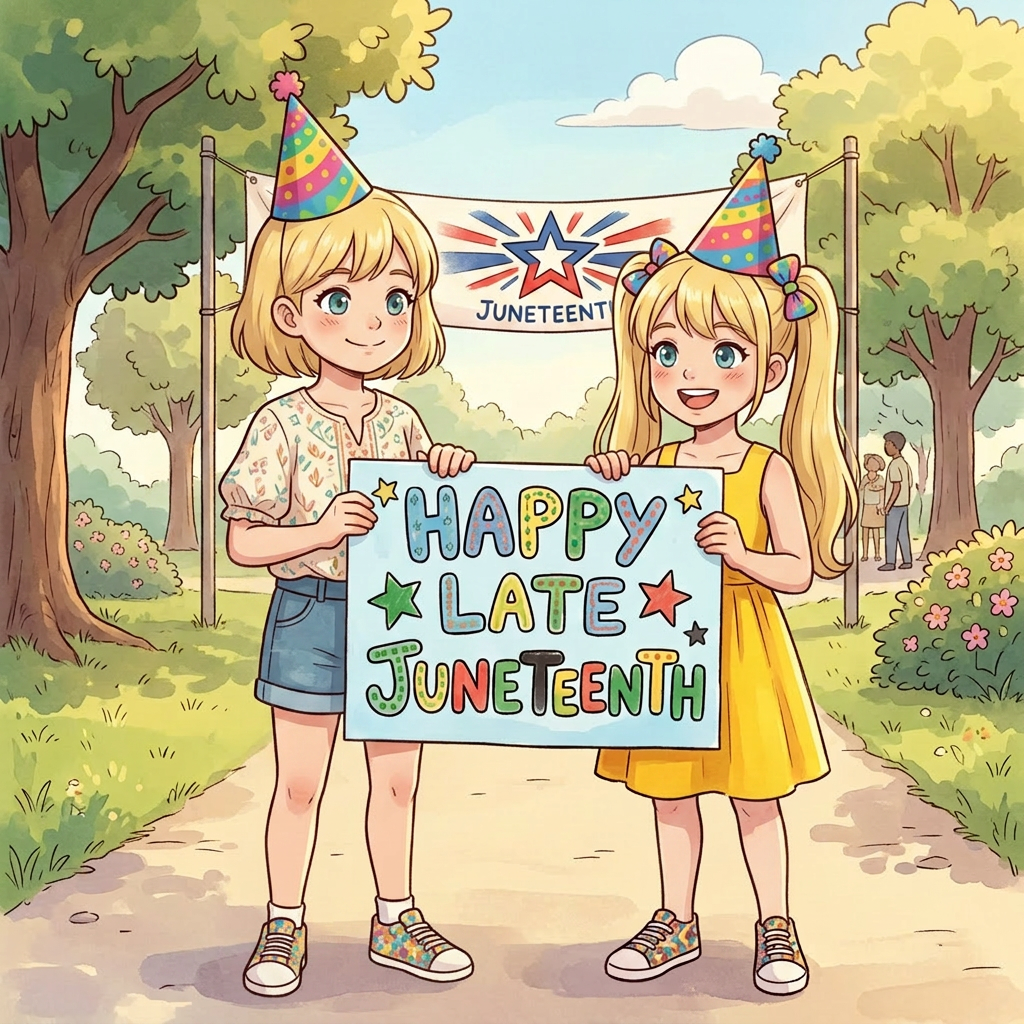 Two children holding a sign that says Happy Late Juneteenth with a Juneteenth banner in the background