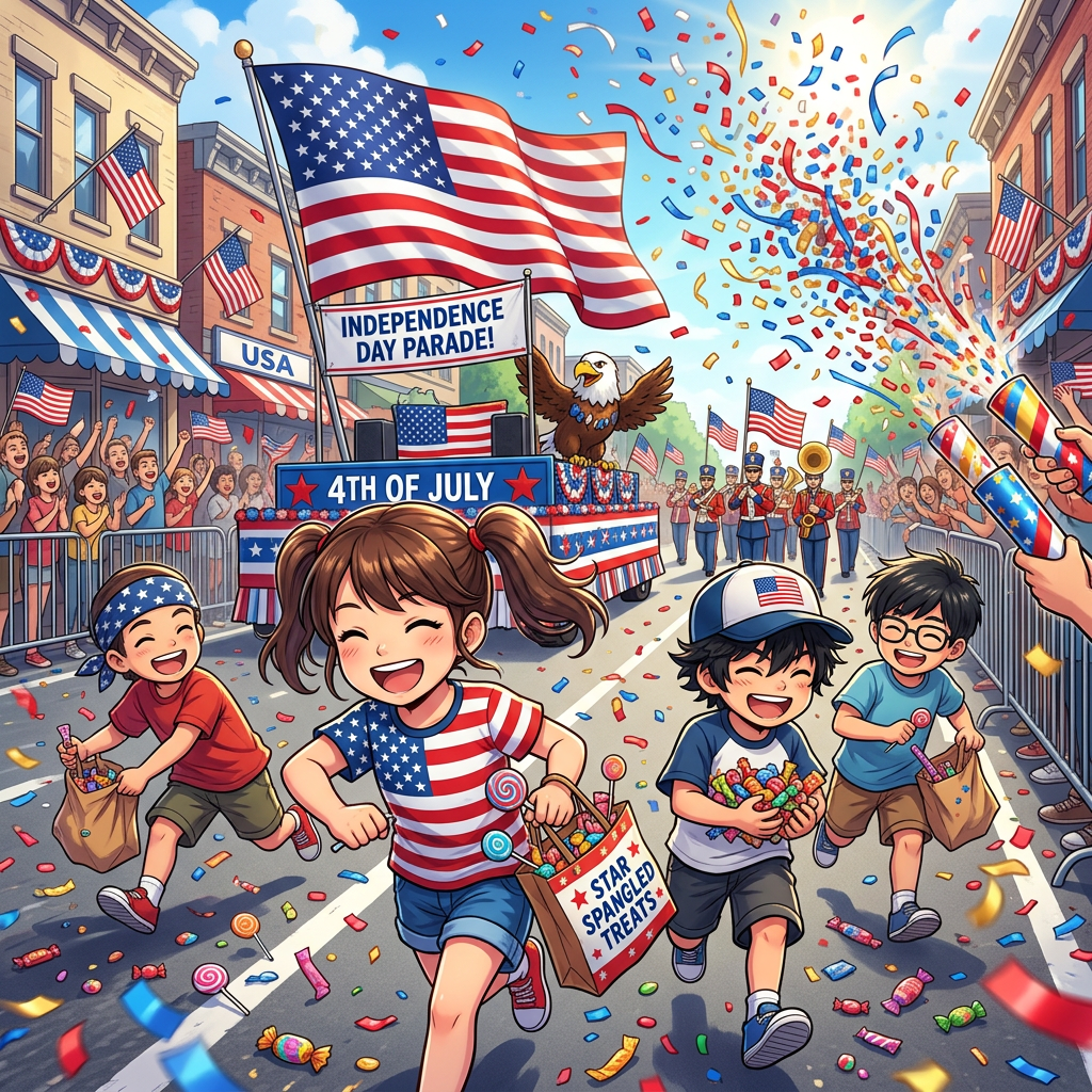 Children running with candy bags at a 4th of July parade with American flags and confetti