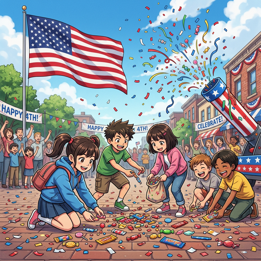 Children collecting candy on a street during a Fourth of July event with American flag and confetti cannon