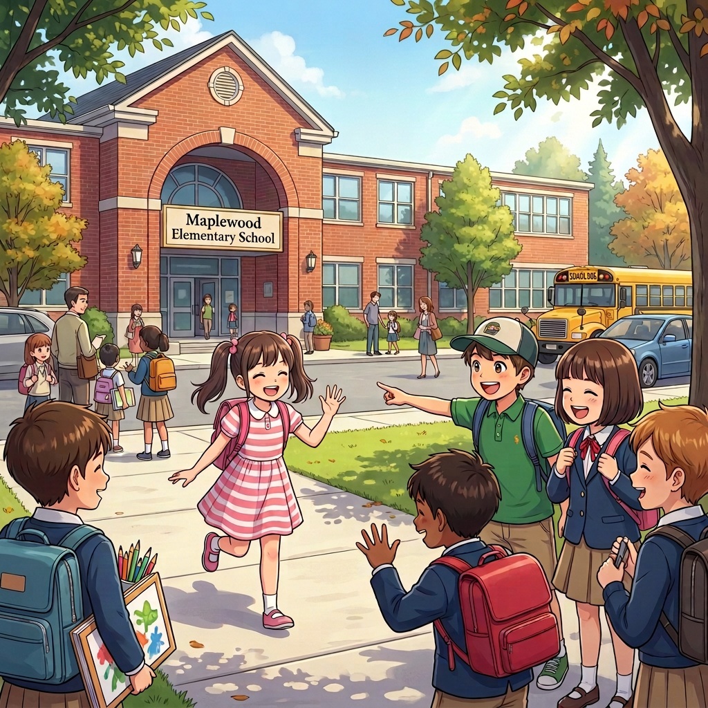 Students greeting each other outside Maplewood Elementary School with backpacks