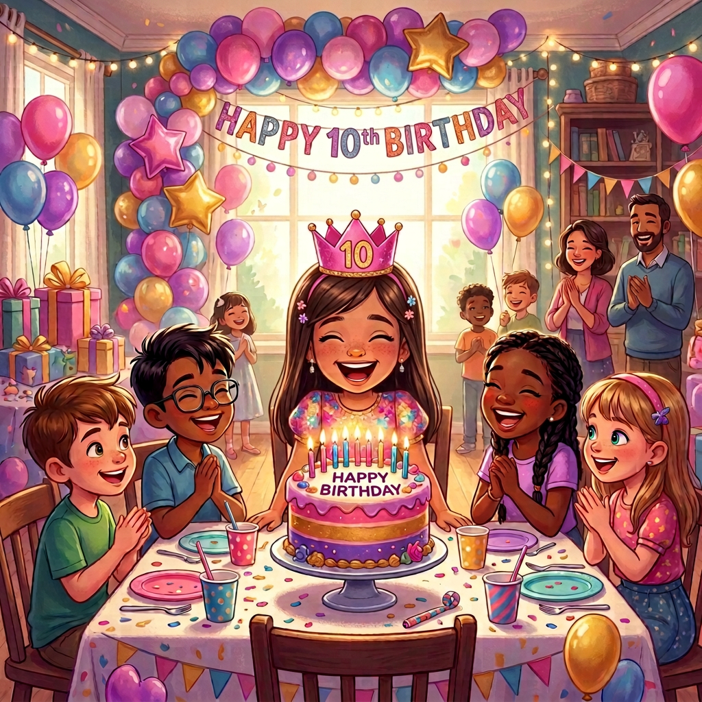 Children and adults celebrate Maya's 8th birthday; banners read “HAPPY 8TH BIRTHDAY MAYA!” and cake reads “HAPPY BIRTHDAY MAYA.”
